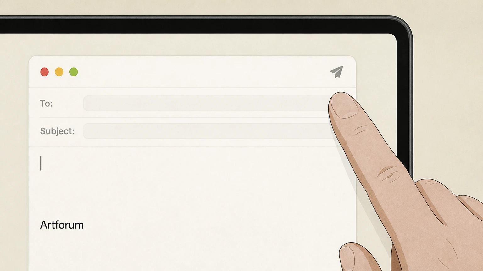 Editorial illustration for Email Artforum customer service in the Artforum email cancellation route for Artforum