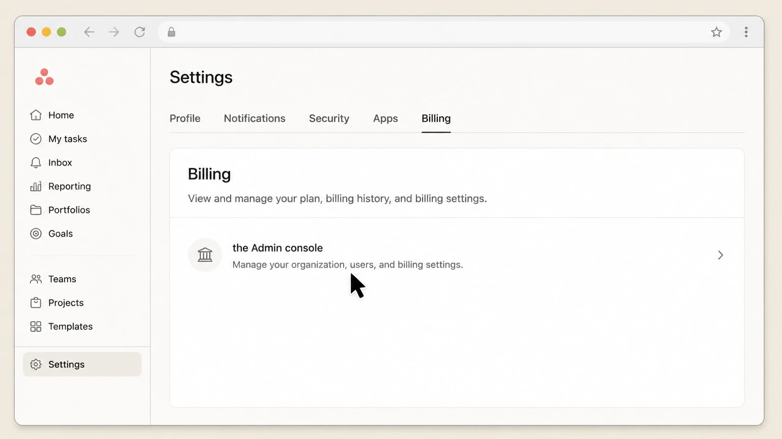 Asana web cancellation: Open the Admin console