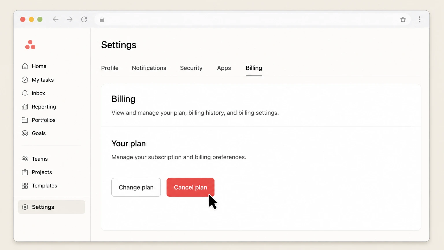 Asana web cancellation: Choose Cancel plan