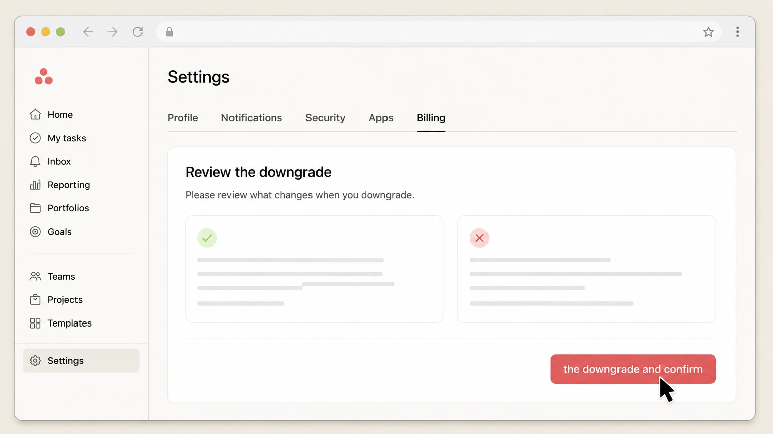 Asana web cancellation: Review the downgrade and confirm