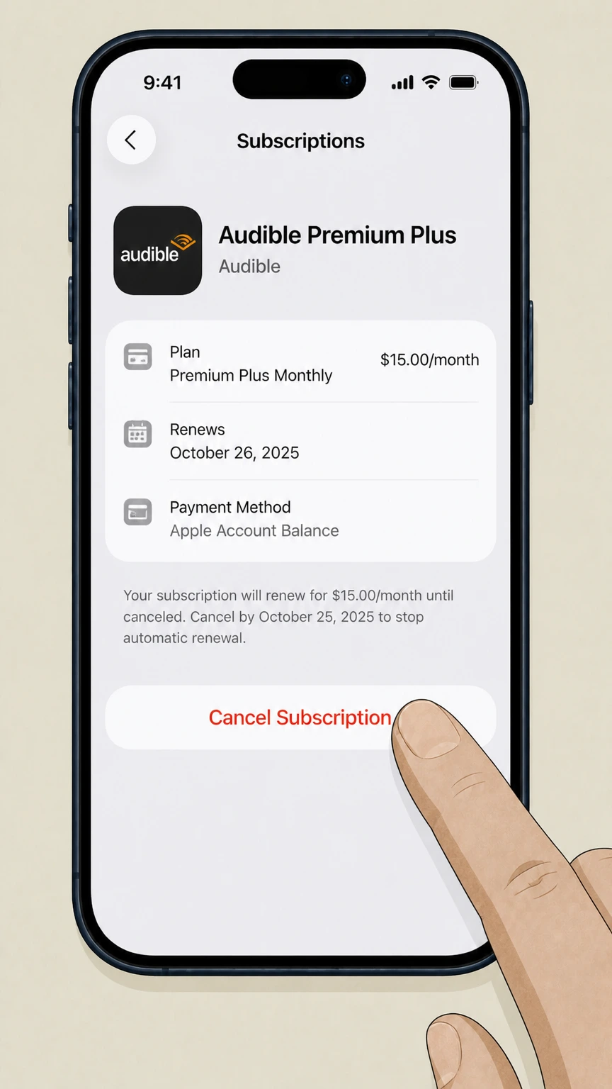 Audible app-store cancellation: Tap Cancel Subscription