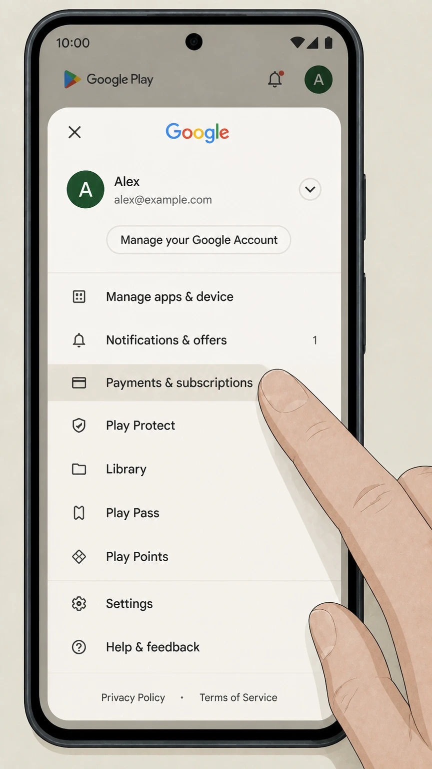 Audible google-play cancellation: Open Payments & subscriptions