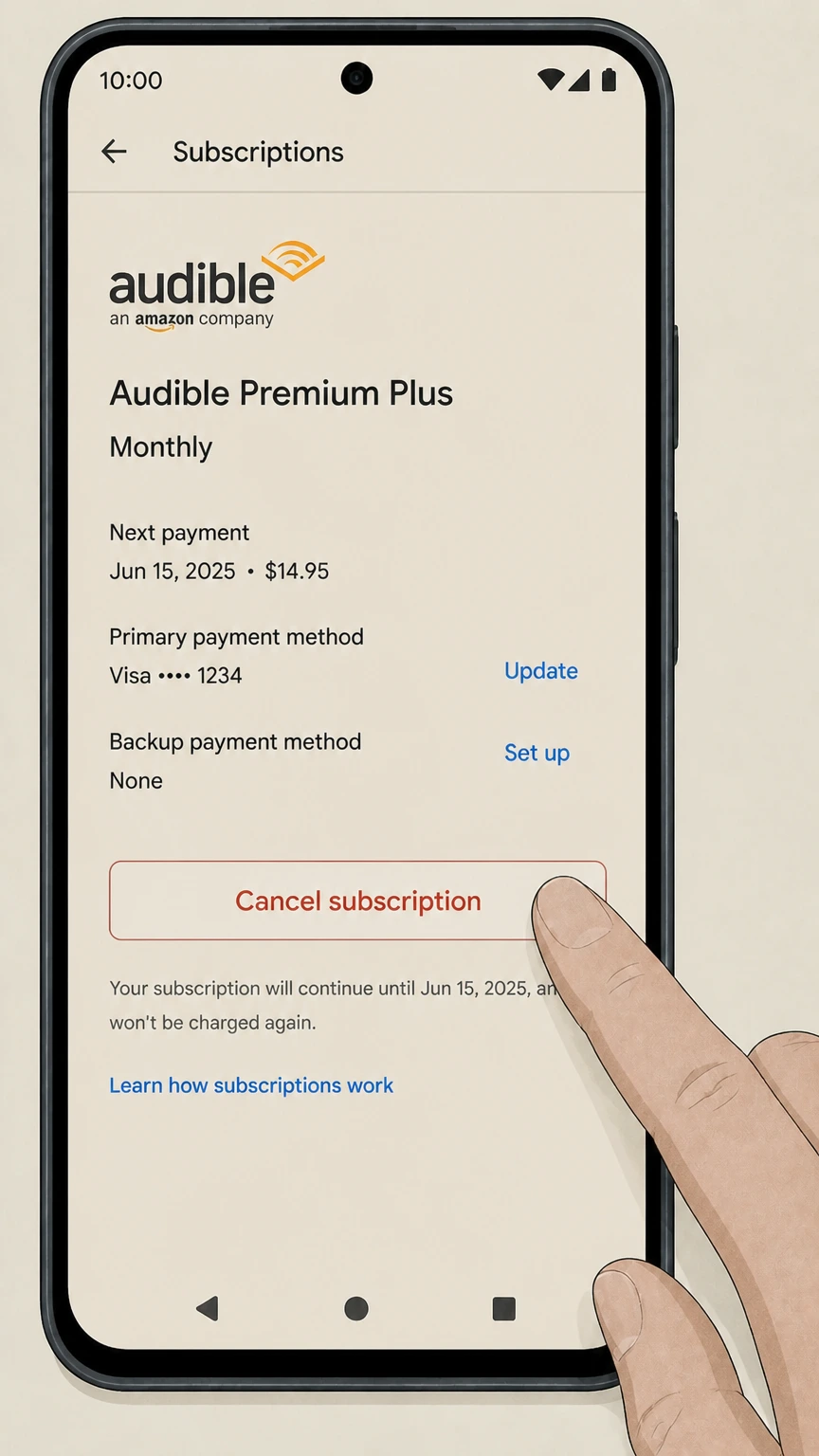 Audible google-play cancellation: Choose Cancel subscription