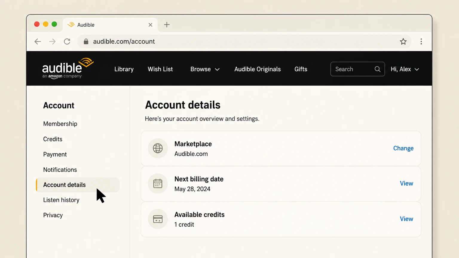 Audible web cancellation: Open Account details