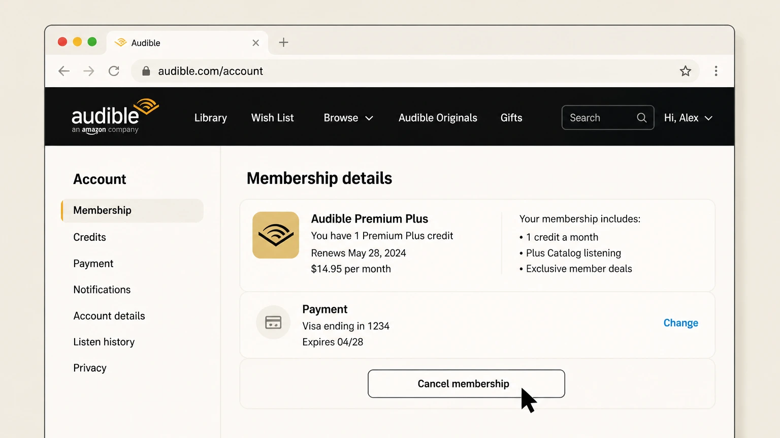 Audible web cancellation: Choose Cancel membership