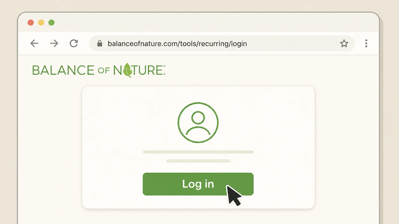 Balance of Nature Website account Dashboard cancellation: Open the Balance of Nature subscription login page