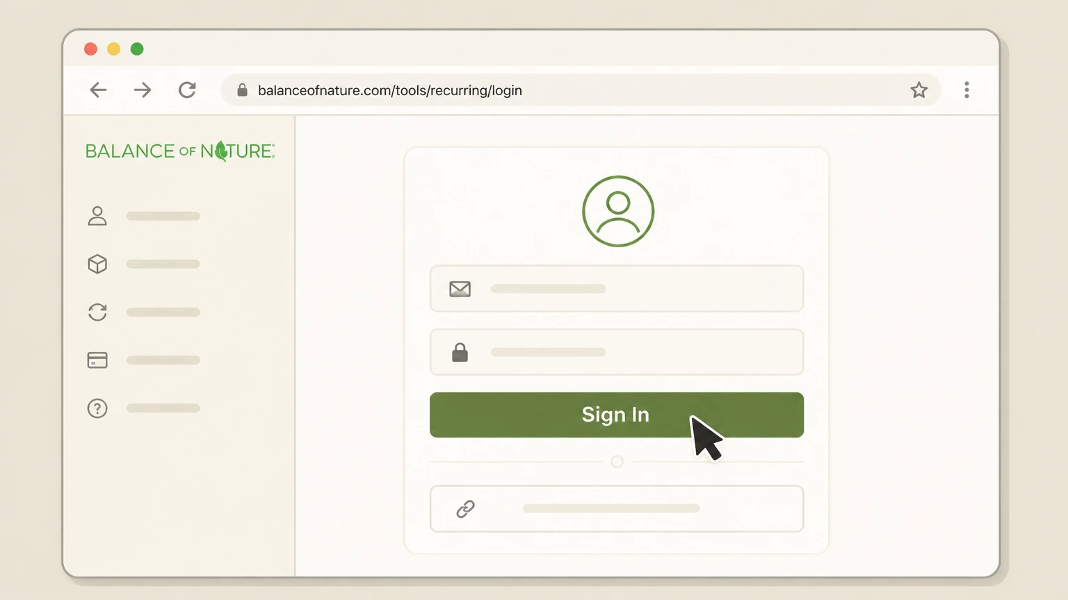 Balance of Nature Website account Dashboard cancellation: Sign in to your Balance of Nature account