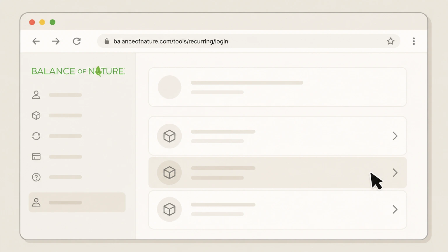 Balance of Nature Website account Dashboard cancellation: Select the subscription you want to cancel