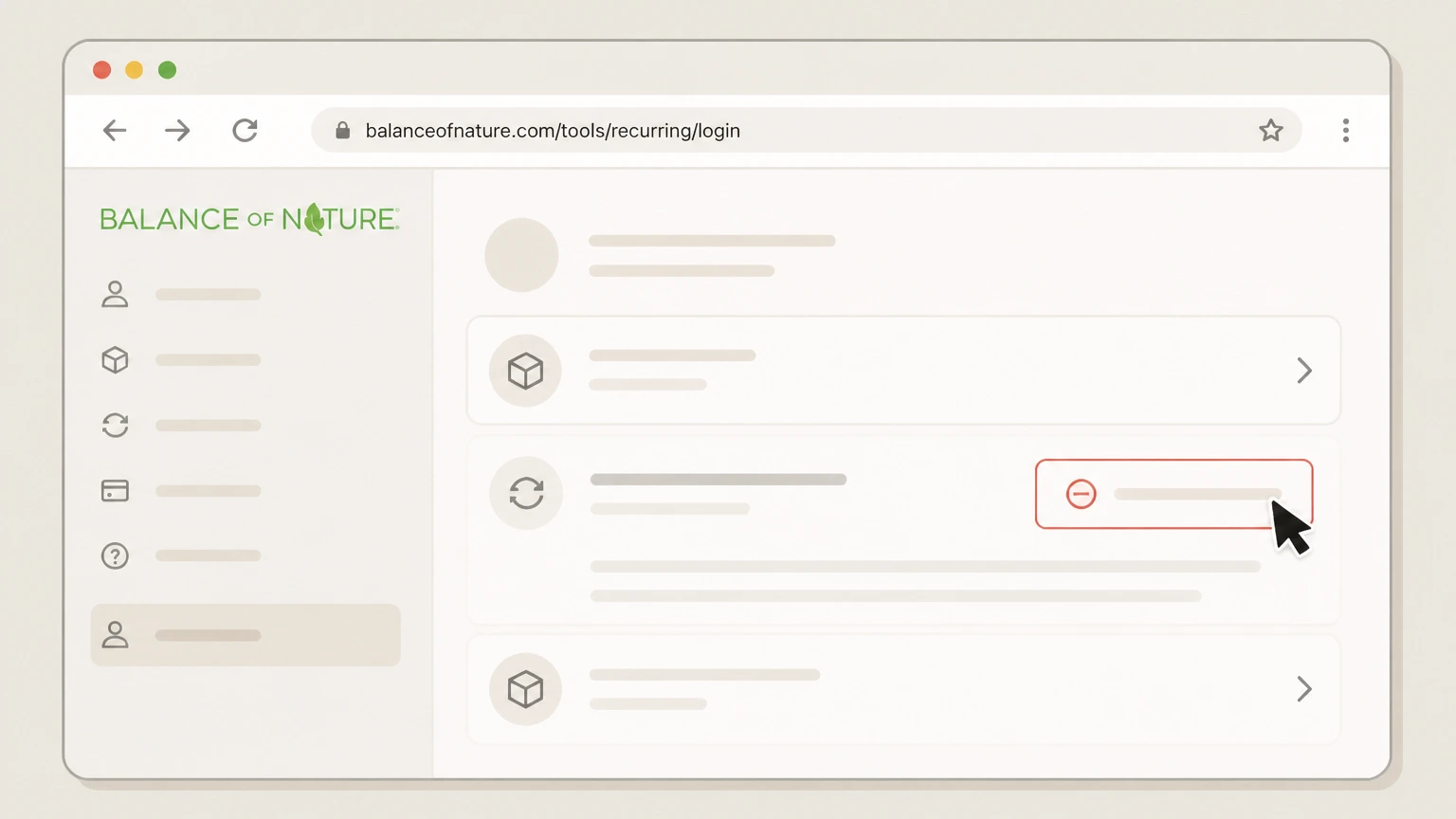 Balance of Nature Website account Dashboard cancellation: Use the on‑screen option to cancel future shipments