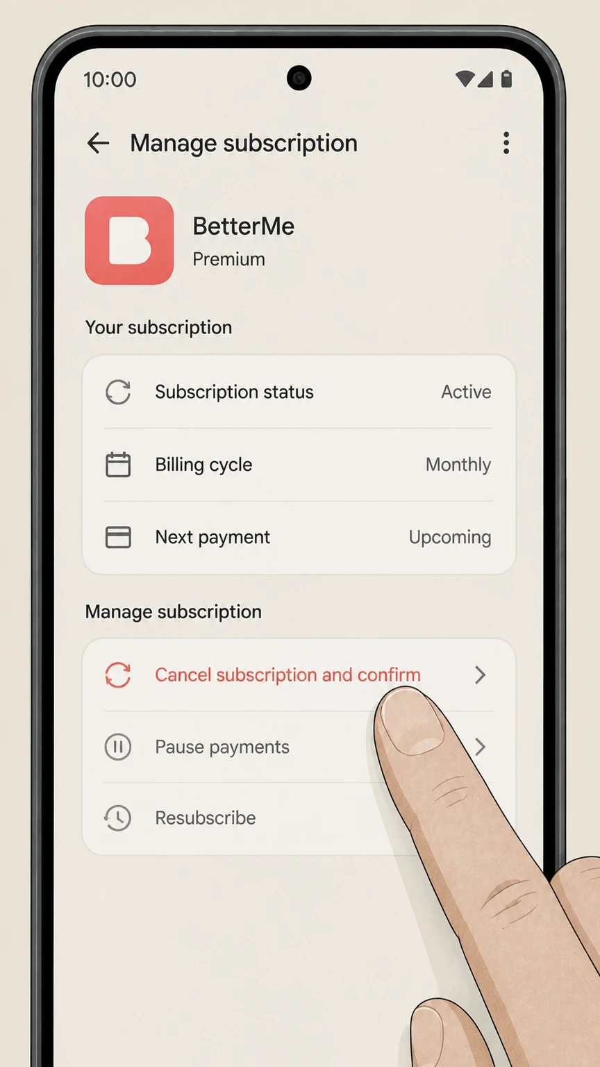 BetterMe google-play cancellation: Tap Cancel subscription and confirm