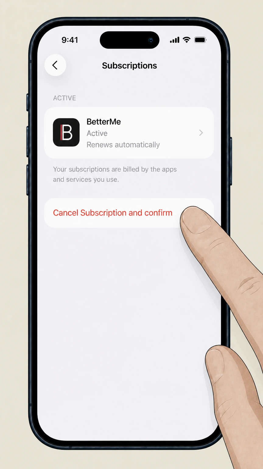BetterMe ios cancellation: Tap Cancel Subscription and confirm