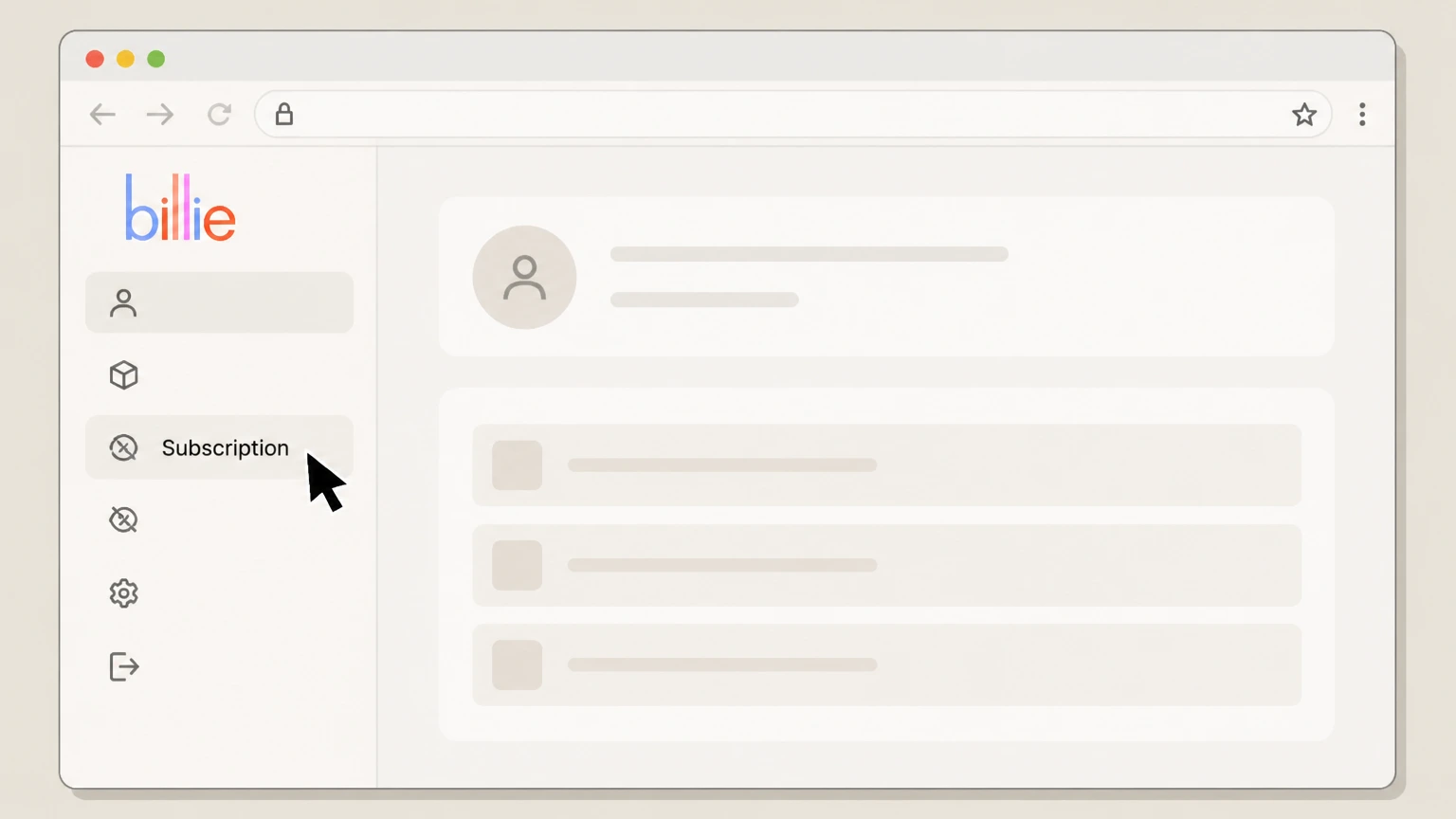 Billie Cancel from your Billie account on mybillie.com cancellation: Open the Subscription tab