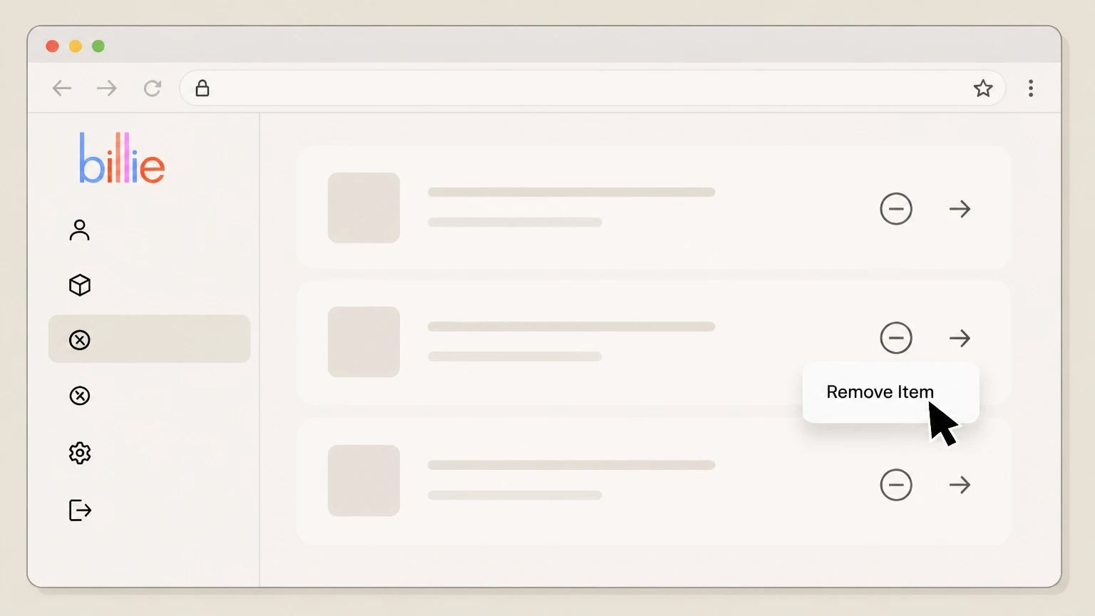 Billie Cancel from your Billie account on mybillie.com cancellation: Click Remove Item for the subscription line