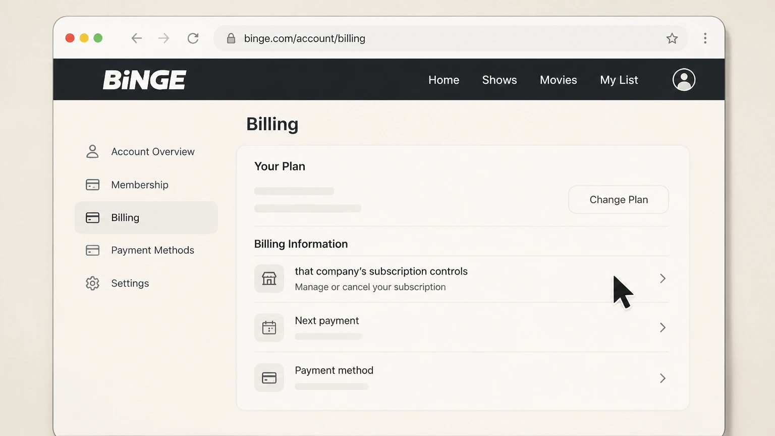 BINGE billing-partner cancellation: Open that company’s subscription controls