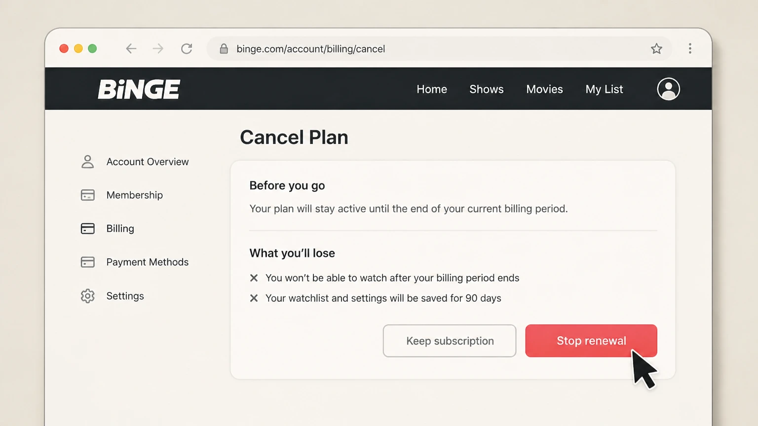 BINGE billing-partner cancellation: Stop renewal