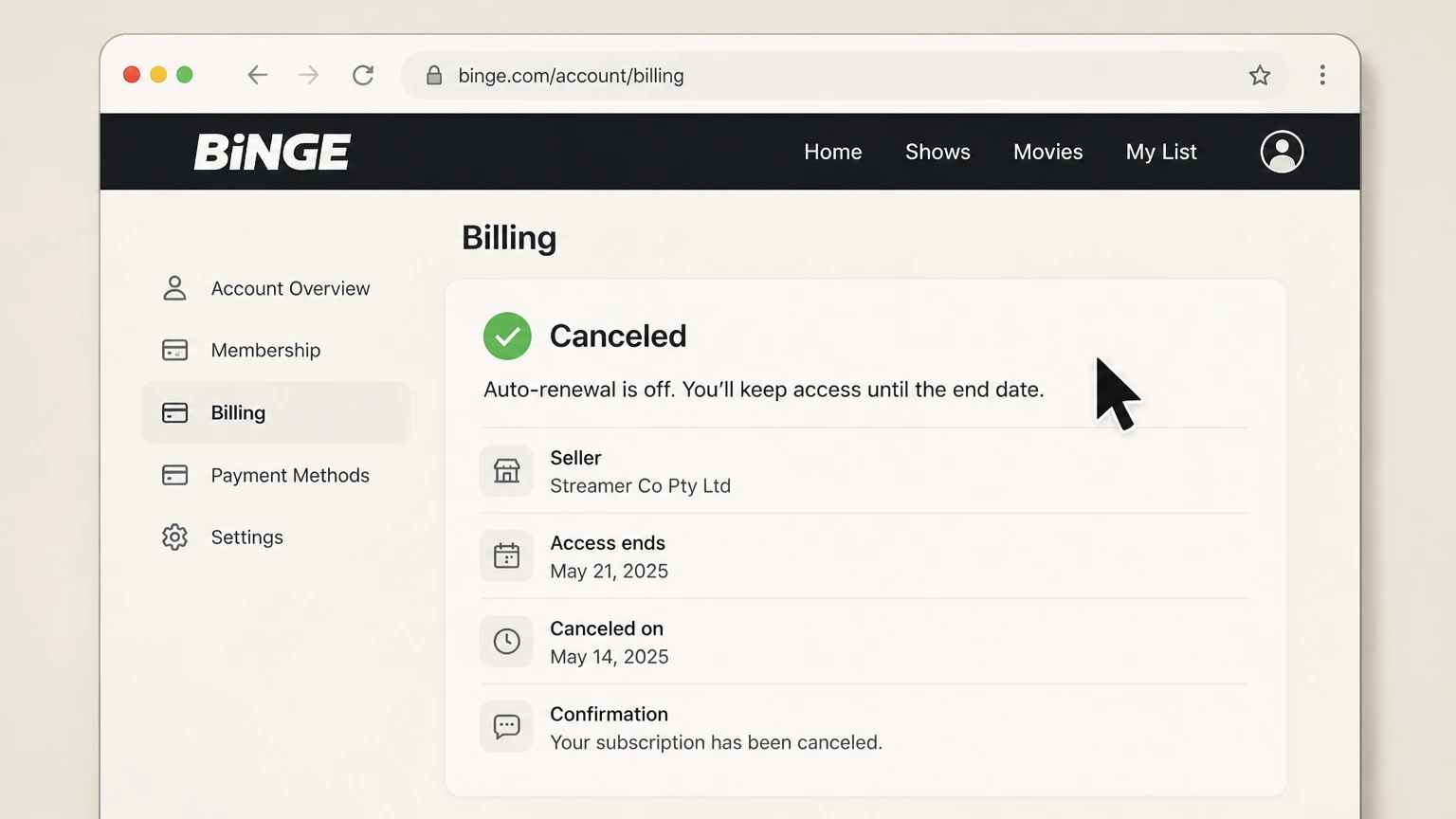 BINGE billing-partner cancellation: Keep proof