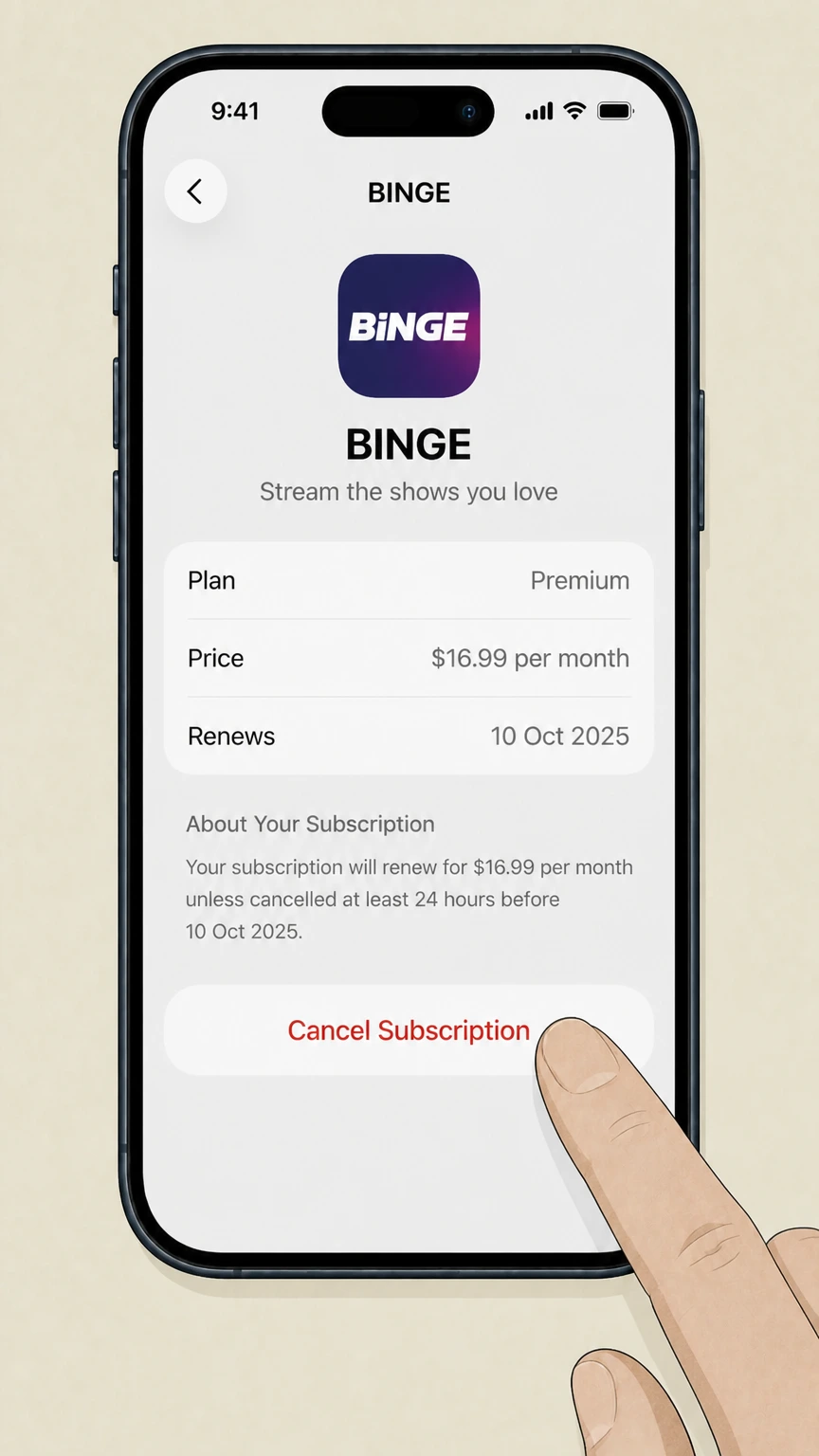 BINGE ios cancellation: Tap Cancel Subscription