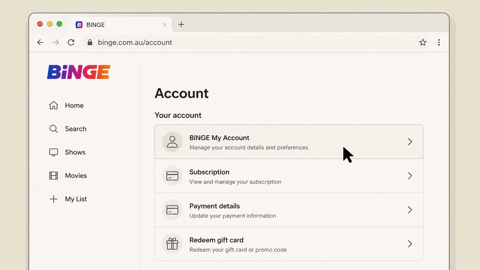 BINGE web cancellation: Open BINGE My Account