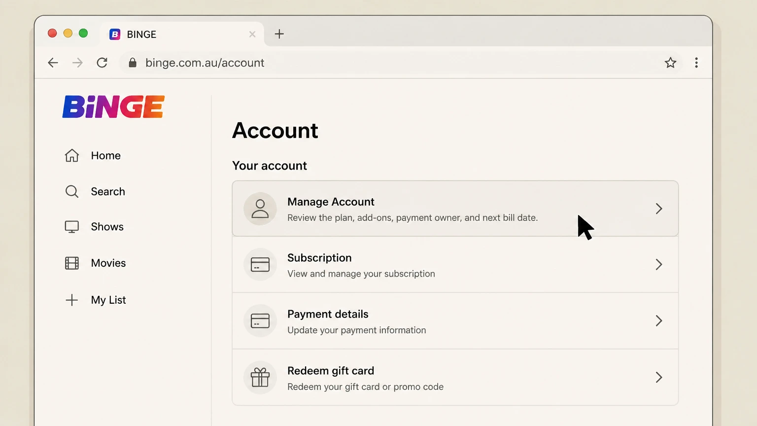 BINGE web cancellation: Open Manage Account