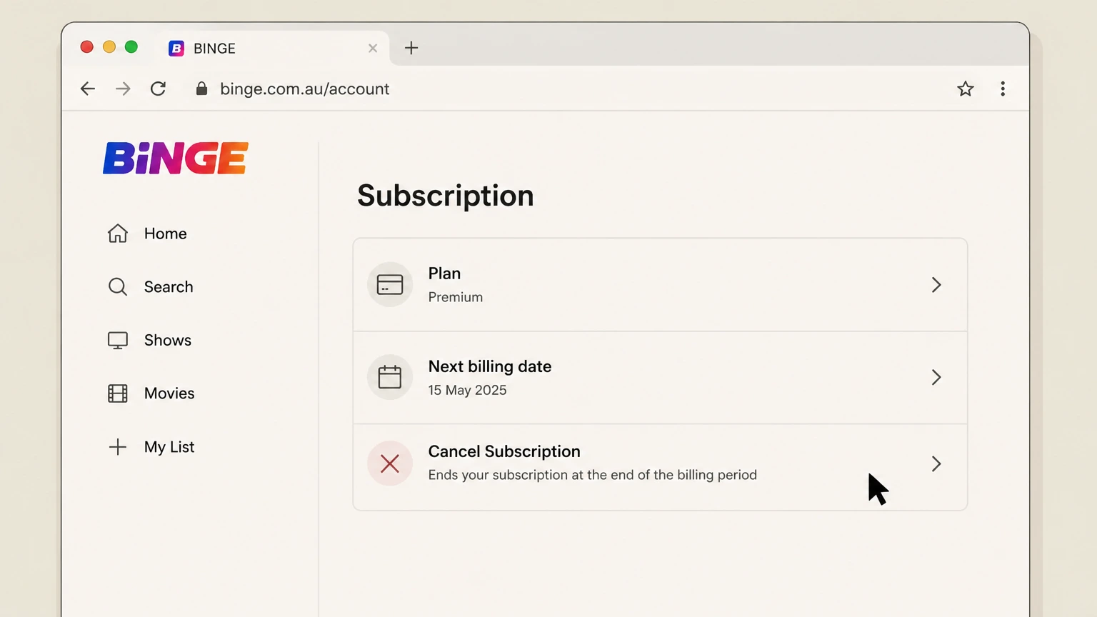 BINGE web cancellation: Choose Cancel Subscription