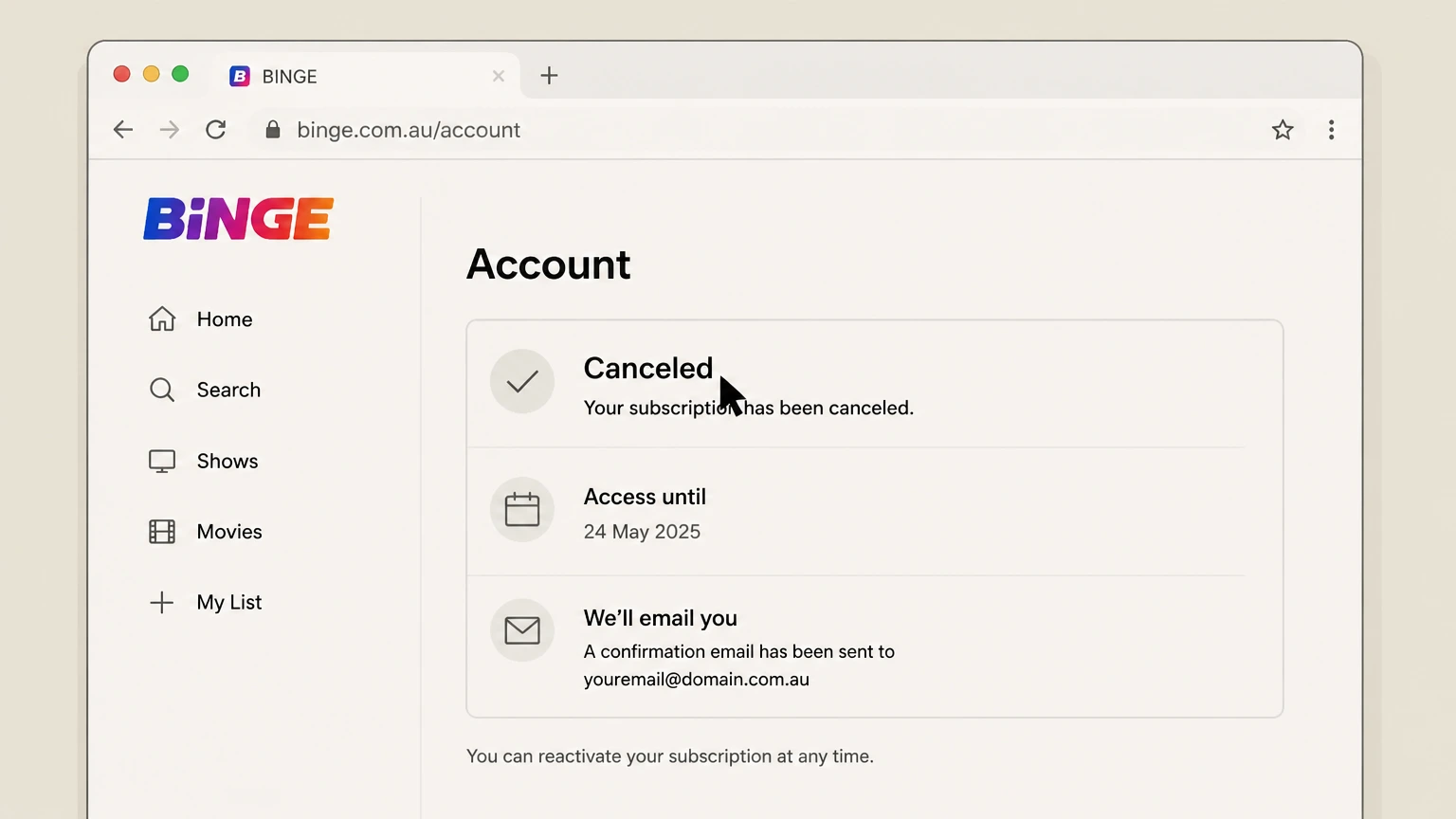 BINGE web cancellation: Save the effective date