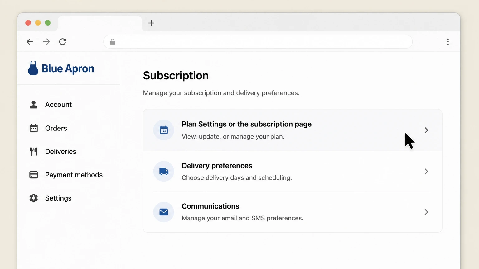 Blue Apron web cancellation: Open Plan Settings or the subscription page