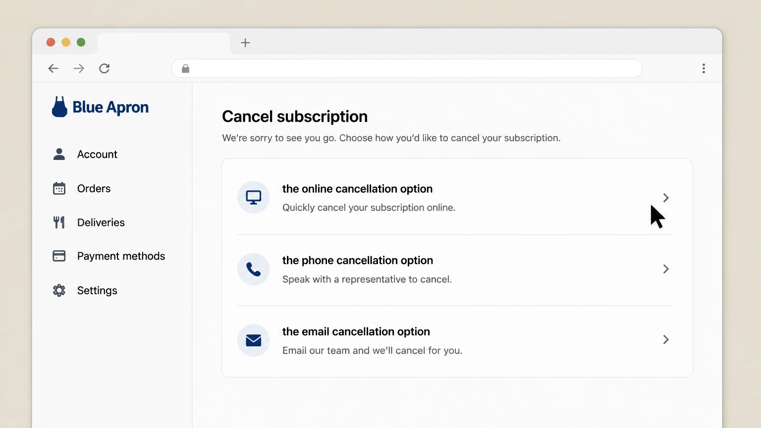 Blue Apron web cancellation: Choose the online cancellation option