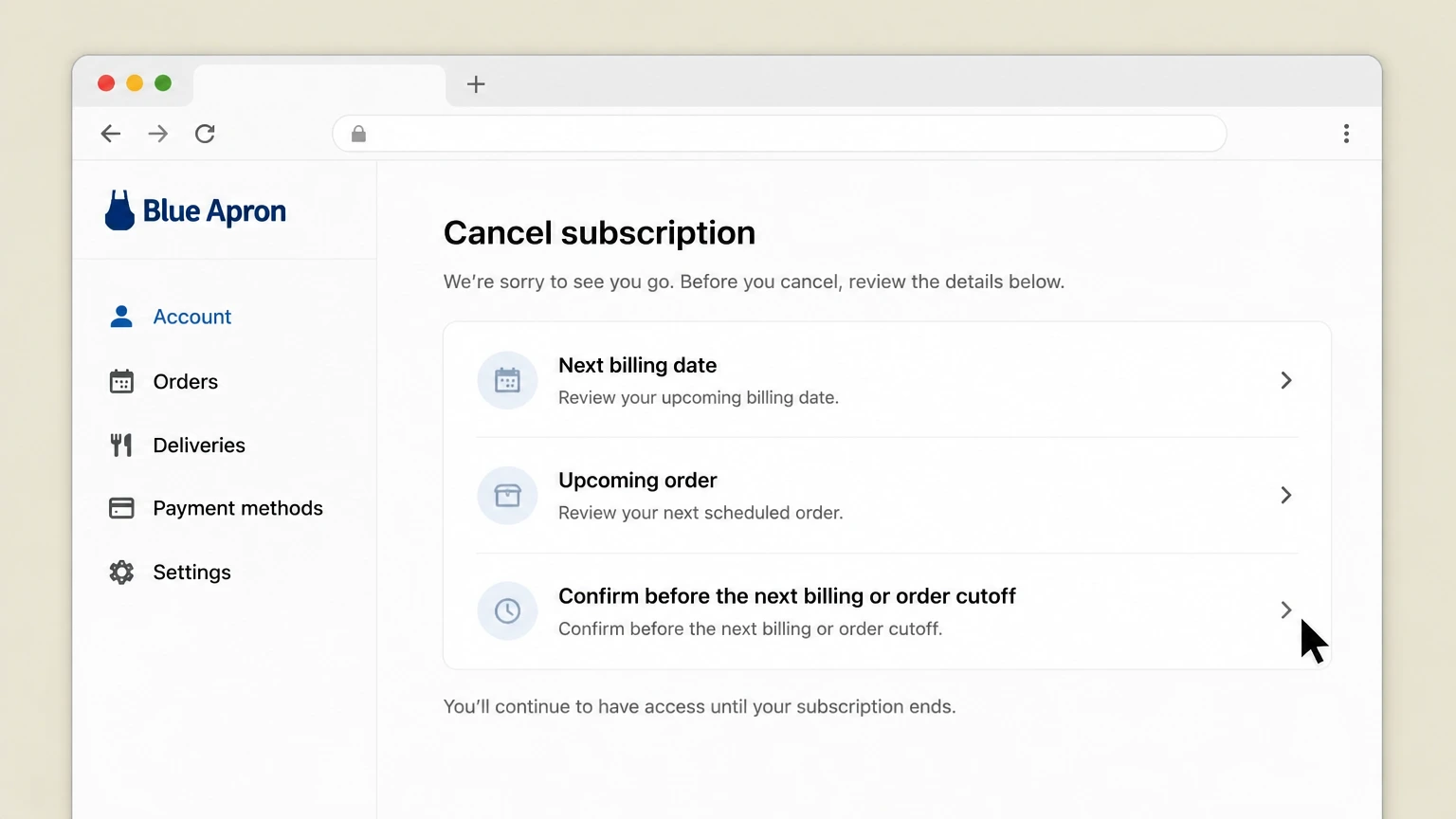 Blue Apron web cancellation: Confirm before the next billing or order cutoff