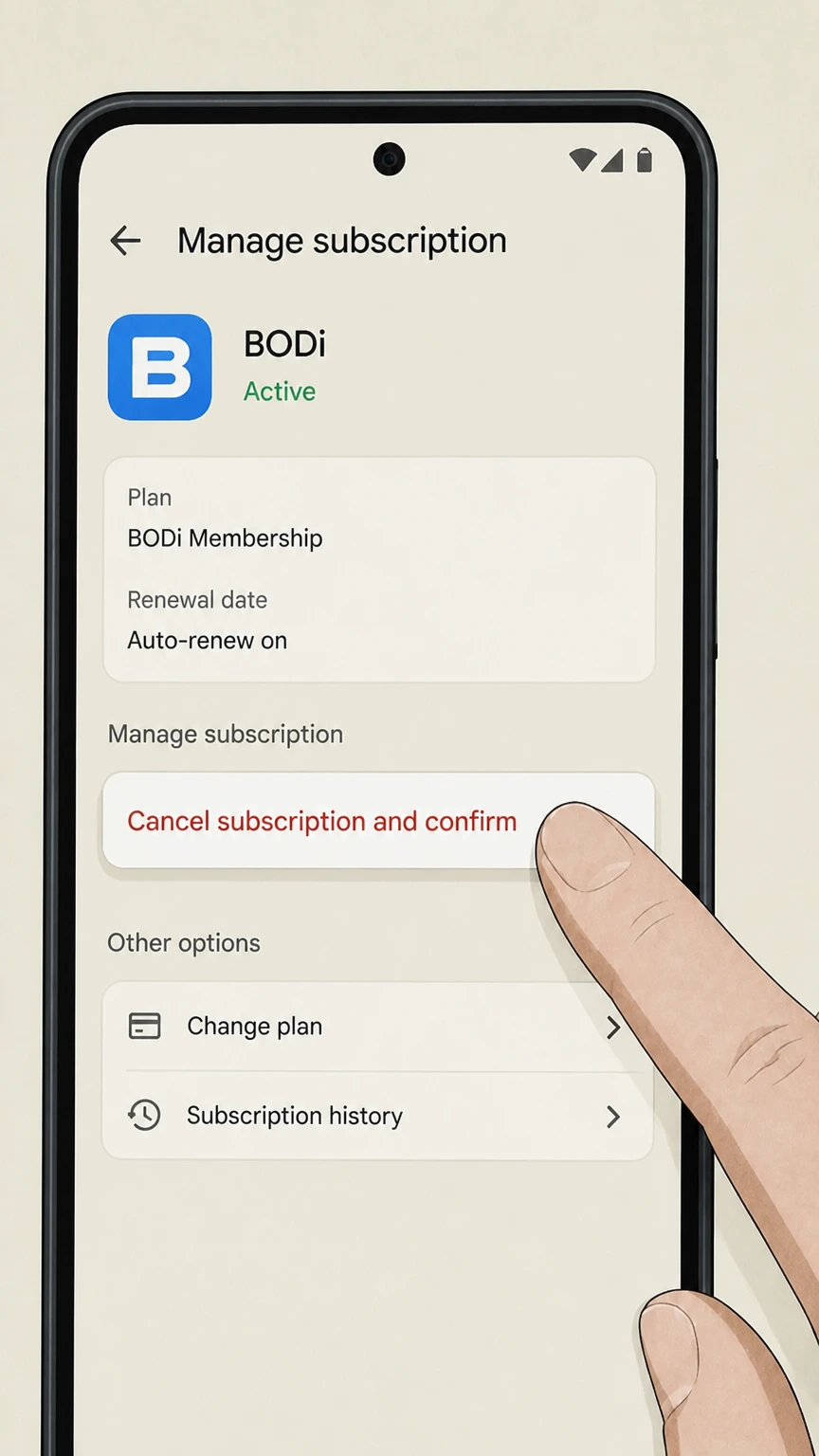 BODi google-play cancellation: Tap Cancel subscription and confirm