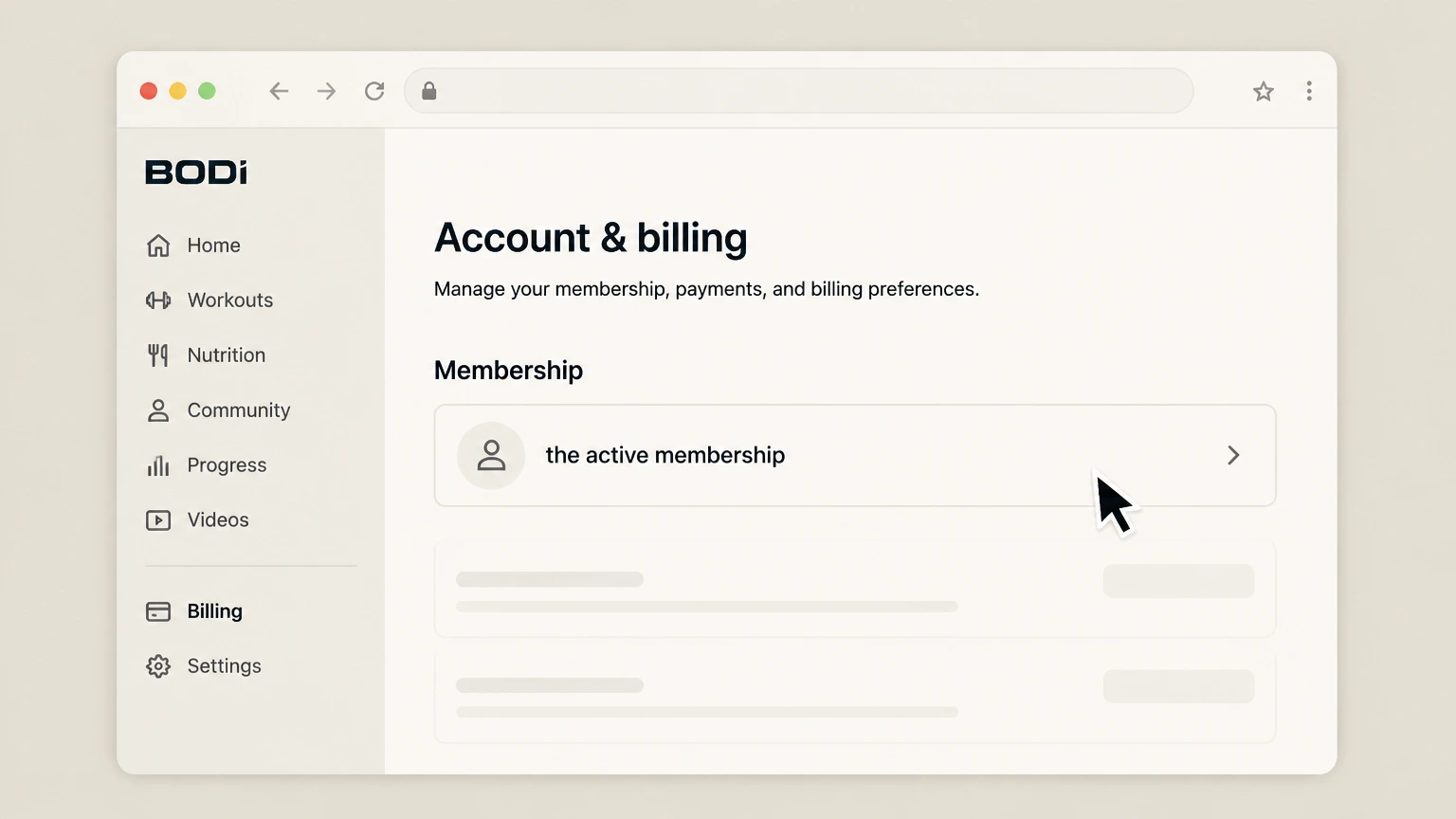 BODi web cancellation: Select the active membership