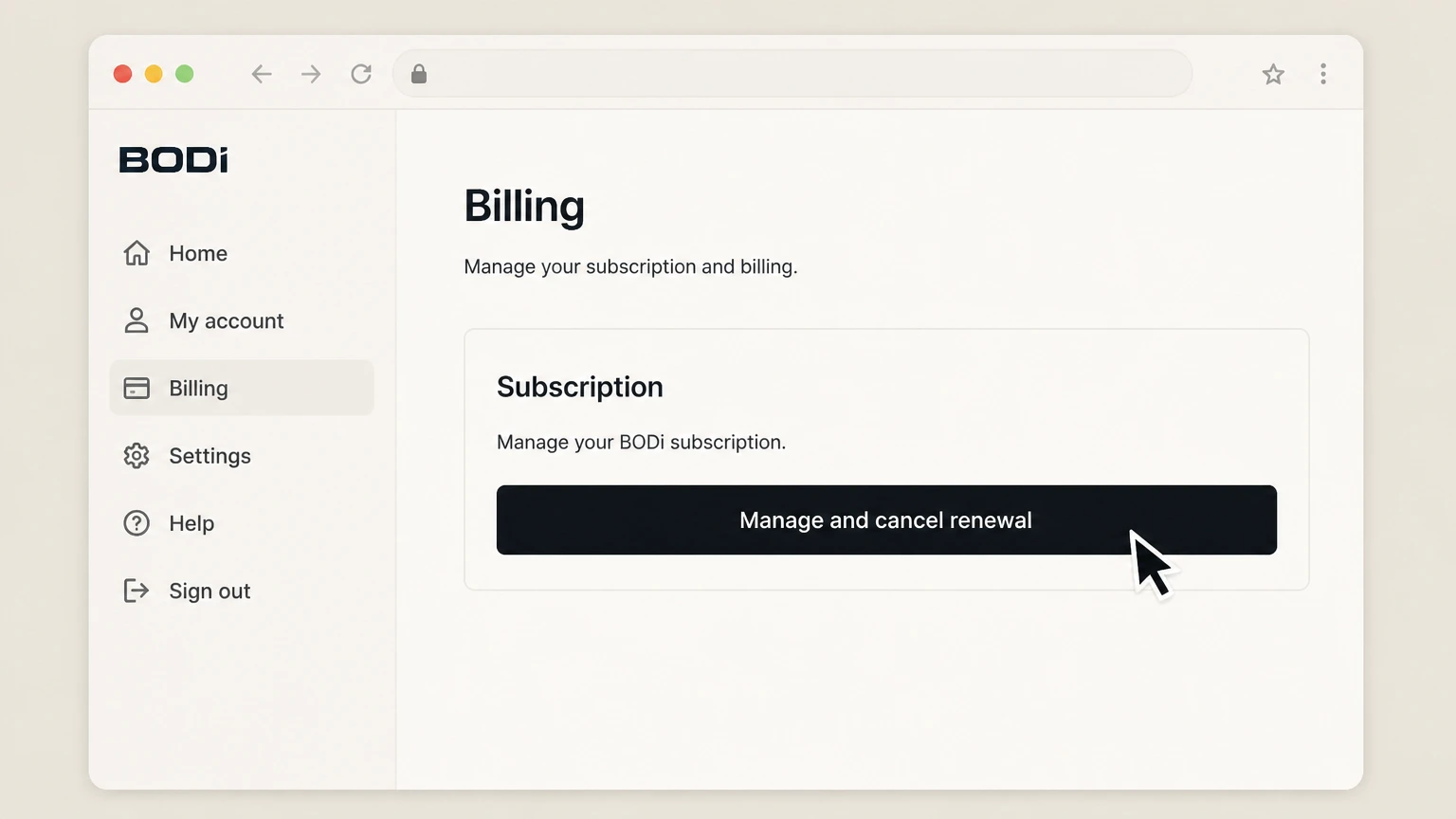 BODi web cancellation: Choose Manage and cancel renewal