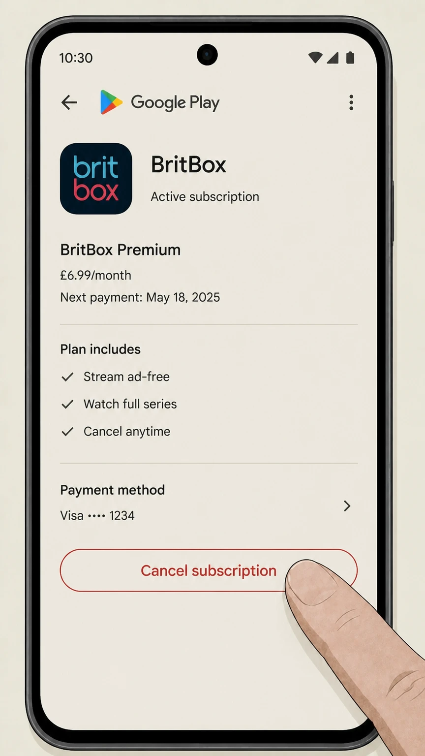 BritBox google-play cancellation: Tap Cancel subscription