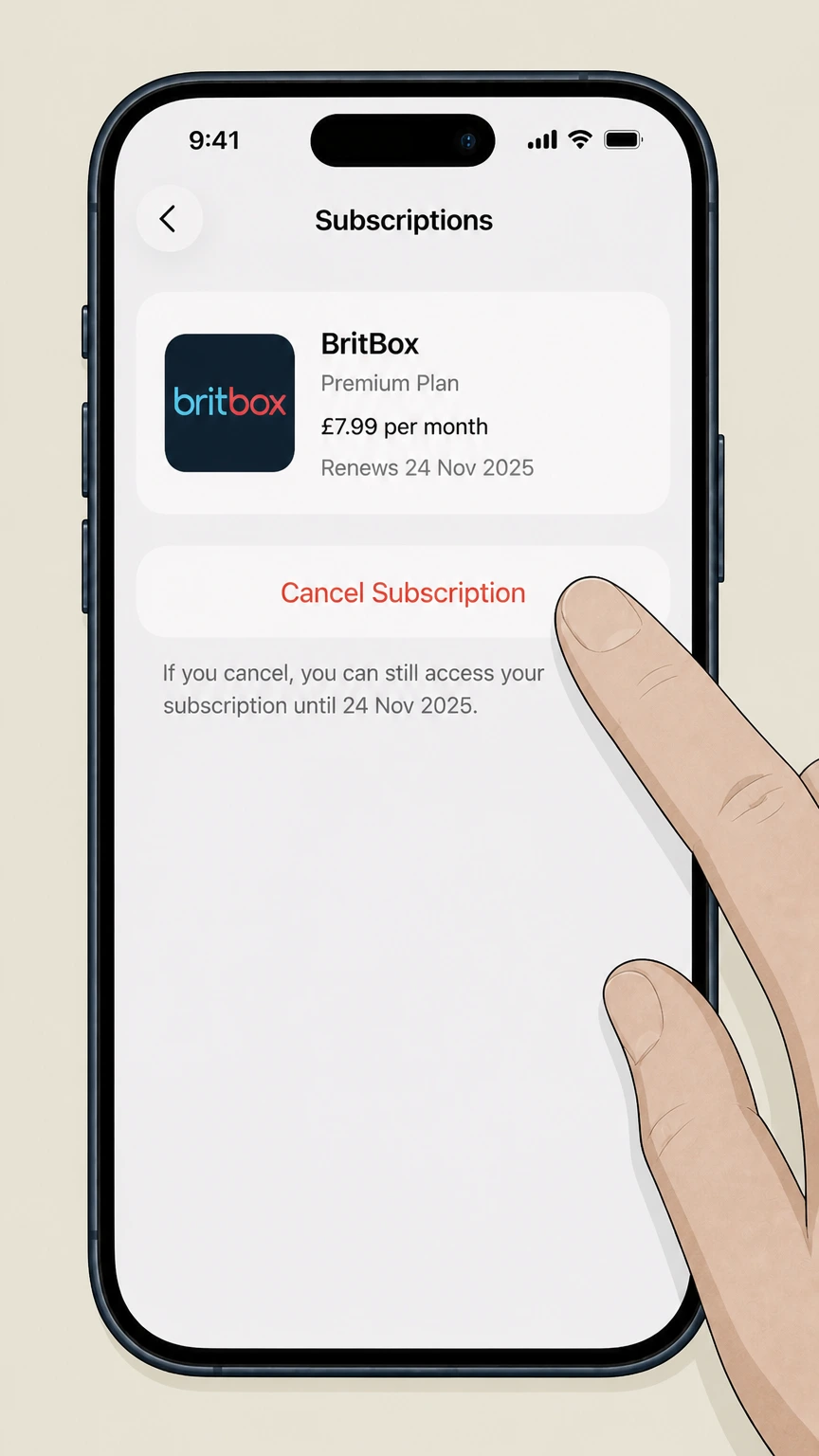 BritBox ios cancellation: Tap Cancel Subscription