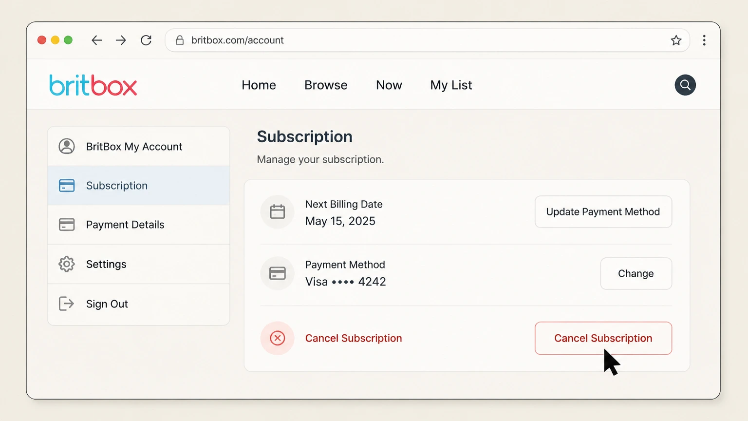 BritBox web cancellation: Choose Cancel Subscription