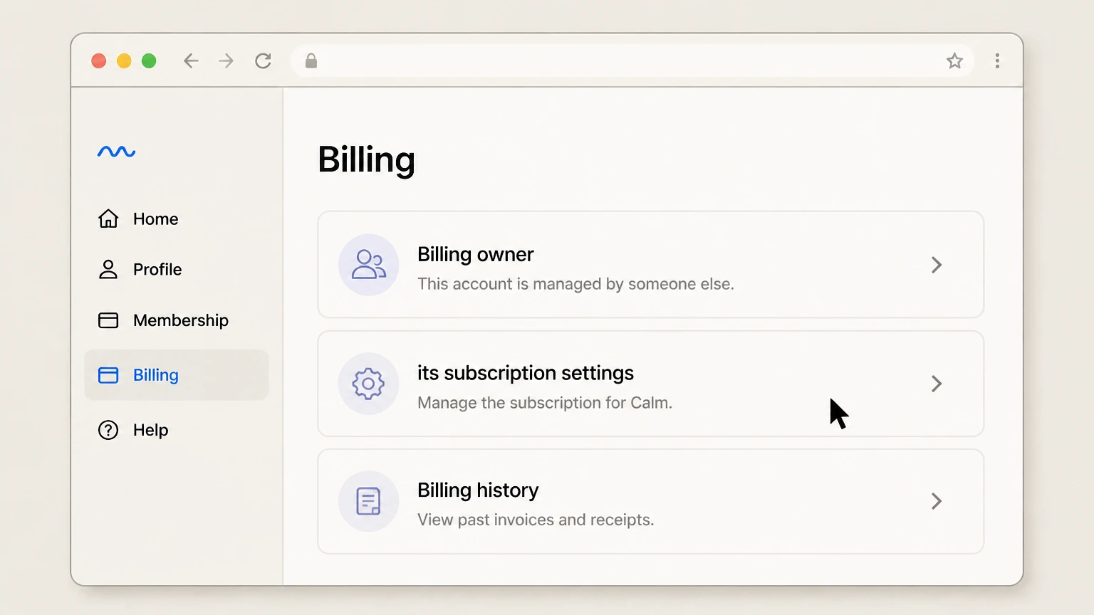 Calm web cancellation: Open its subscription settings