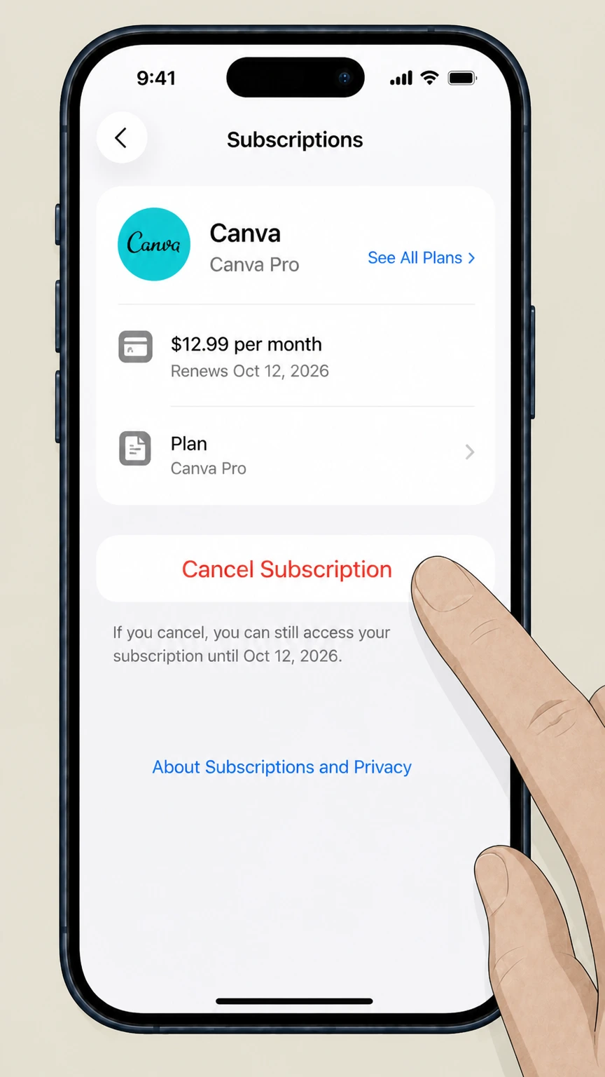 Canva app-store cancellation: Tap Cancel Subscription