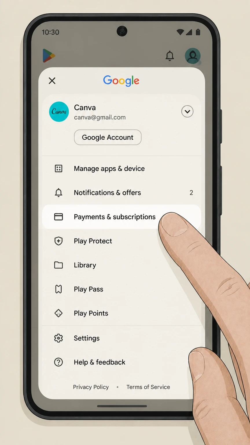 Canva google-play cancellation: Open Payments & subscriptions