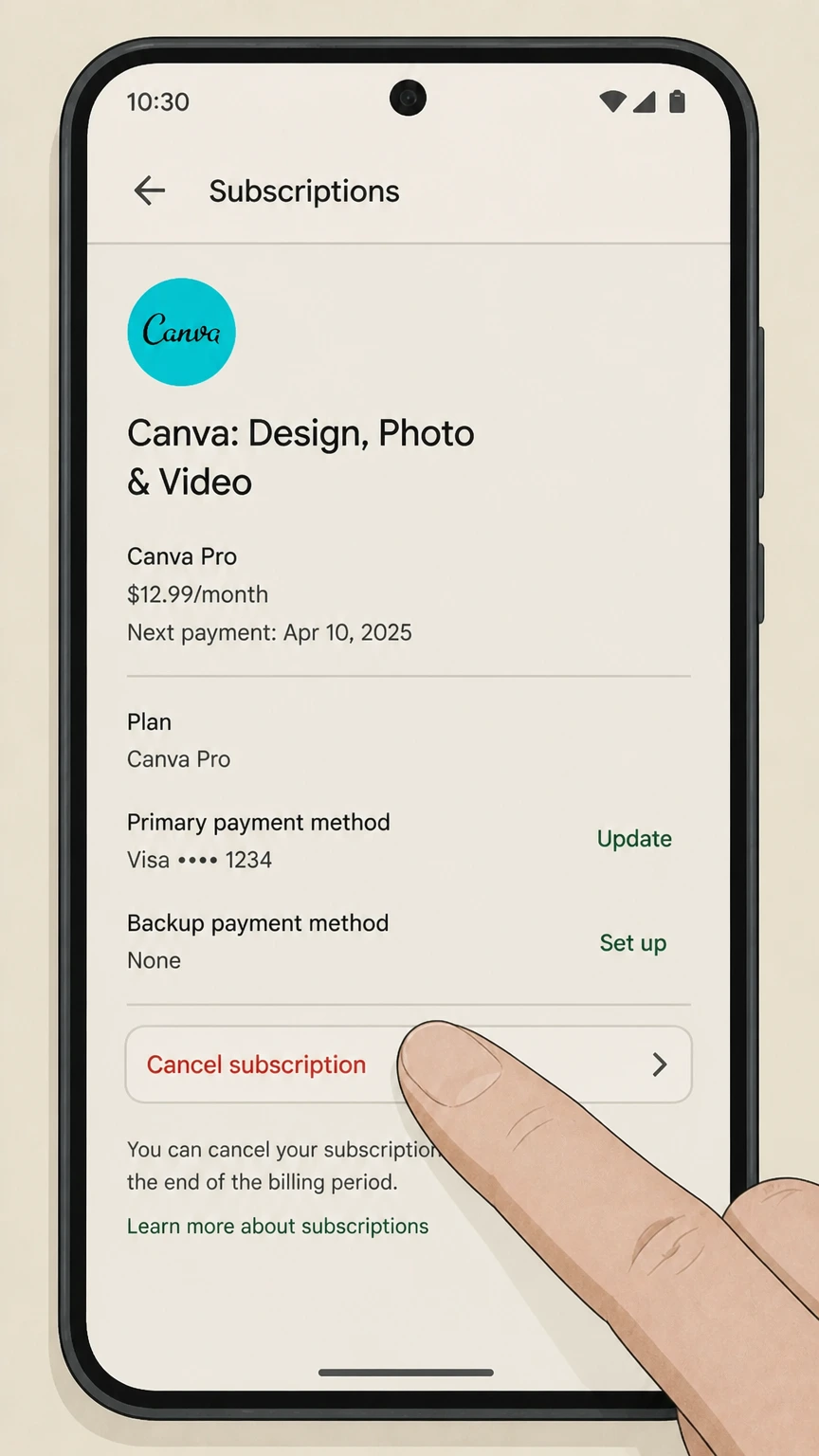 Canva google-play cancellation: Choose Cancel subscription