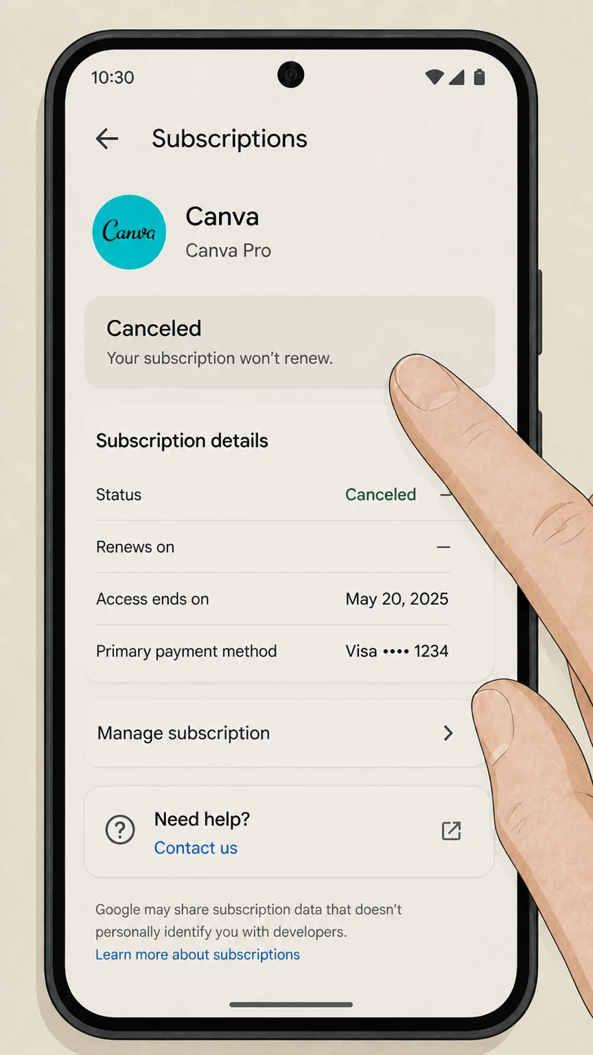 Canva google-play cancellation: Save the expiration date