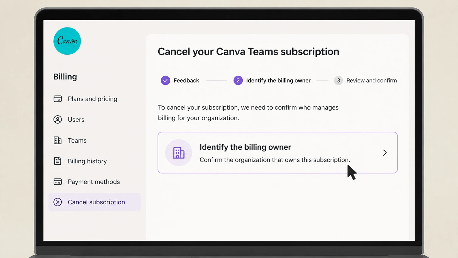 Canva organization cancellation: Identify the billing owner
