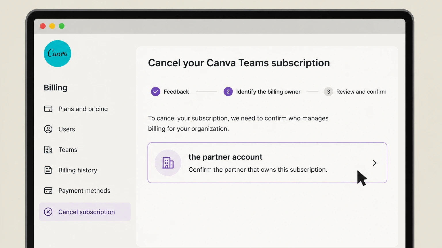 Canva organization cancellation: Open the partner account