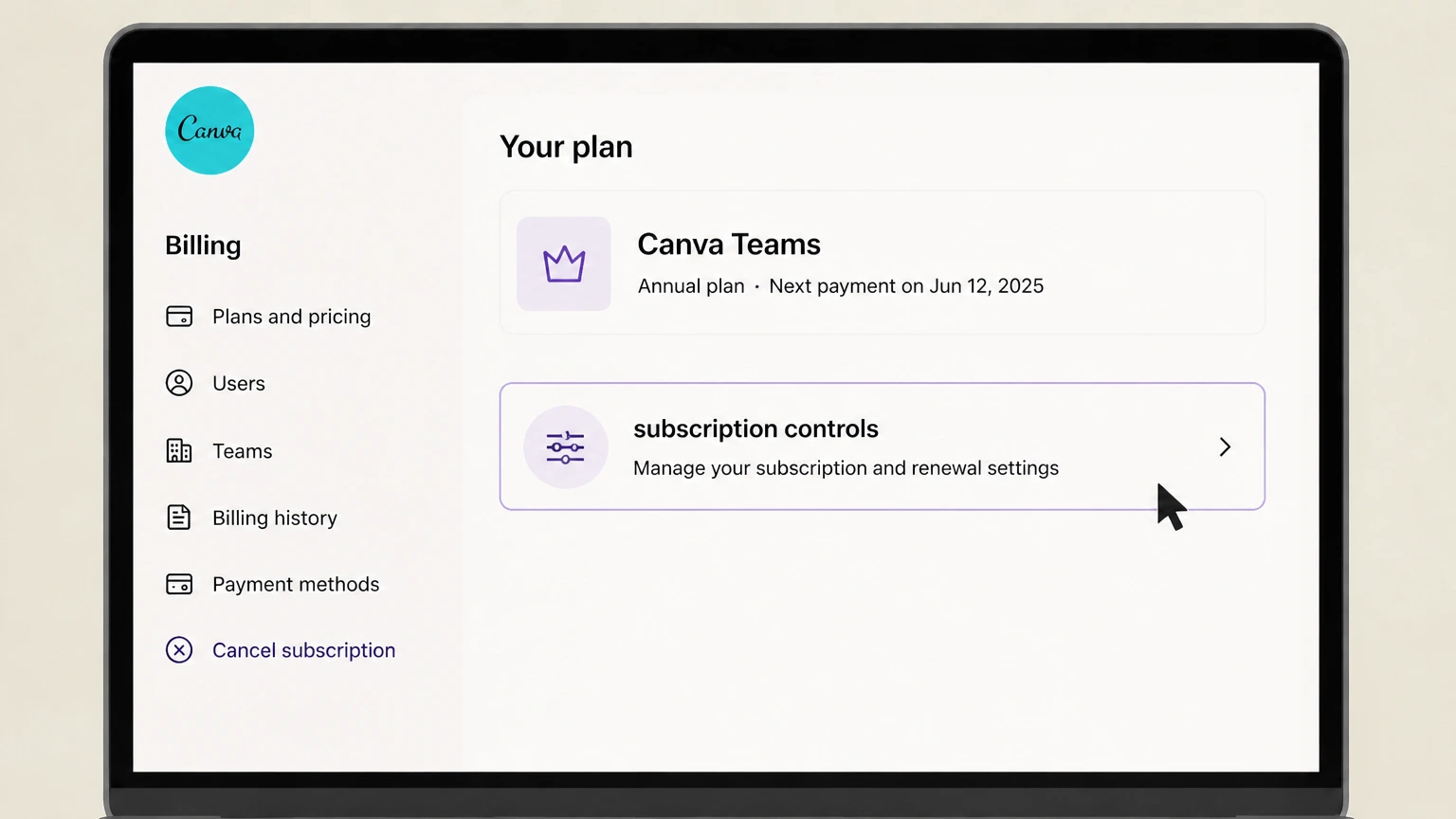 Canva organization cancellation: Find subscription controls