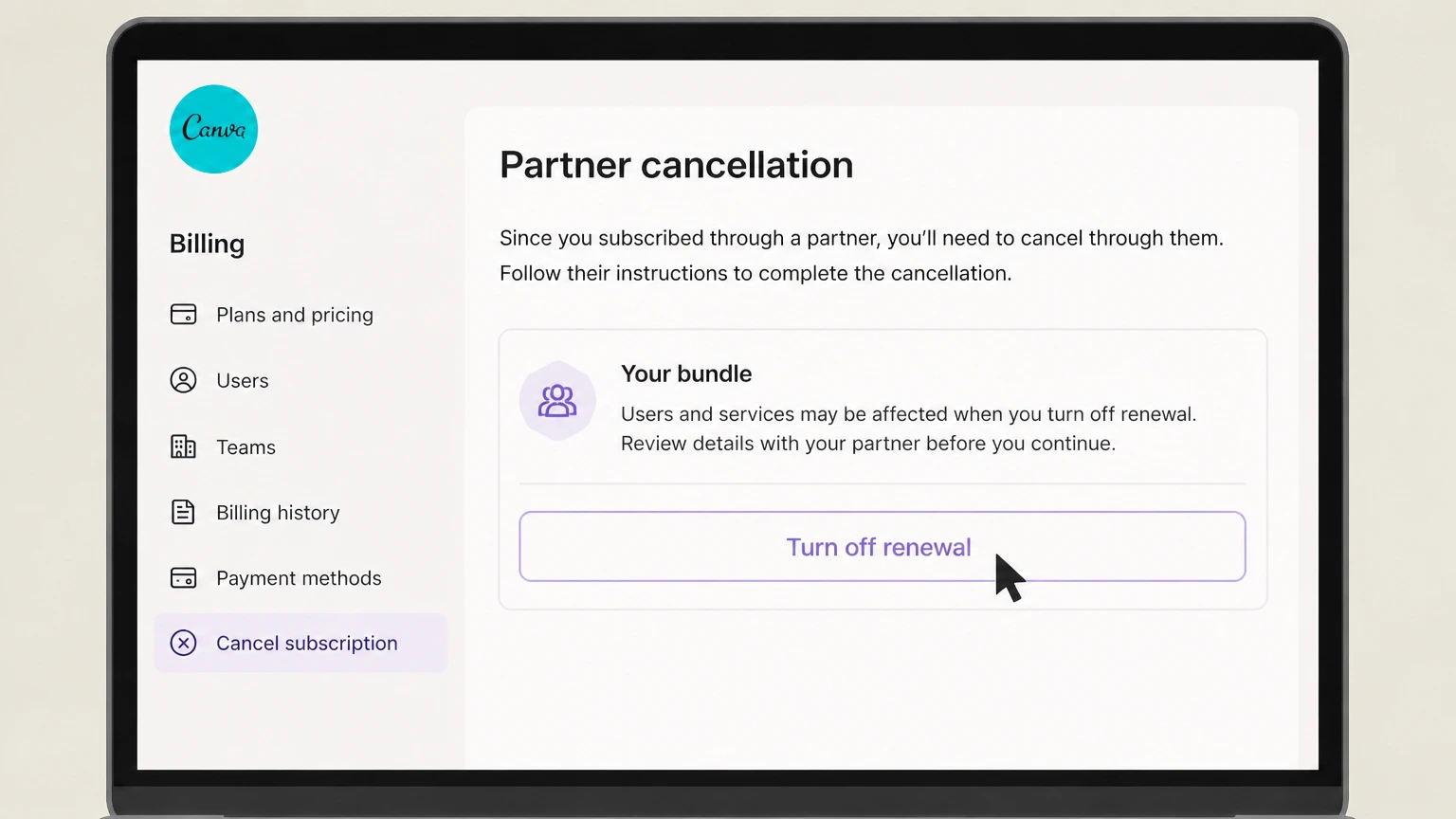 Canva organization cancellation: Turn off renewal
