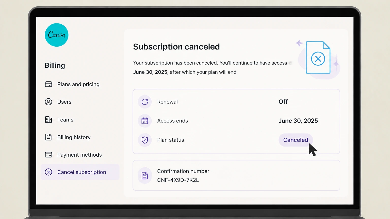 Canva organization cancellation: Keep partner confirmation