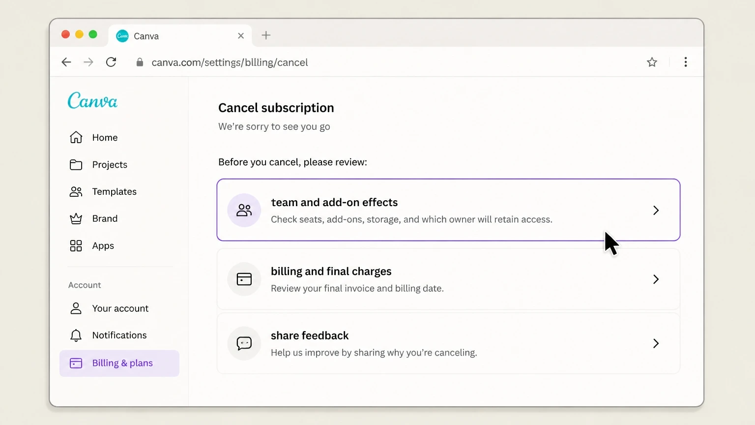 Canva web cancellation: Review team and add-on effects