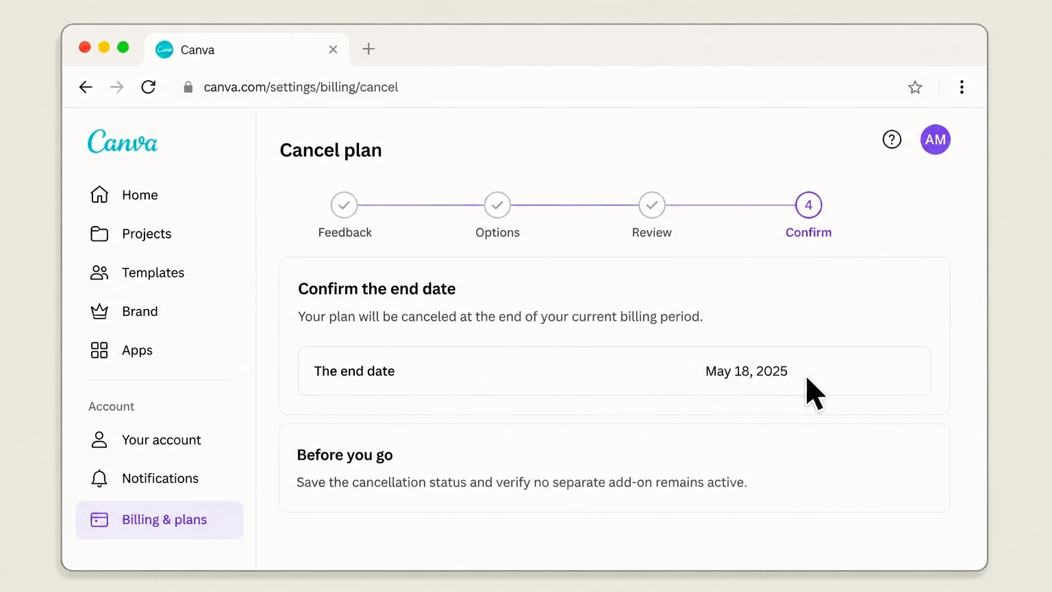 Canva web cancellation: Confirm the end date