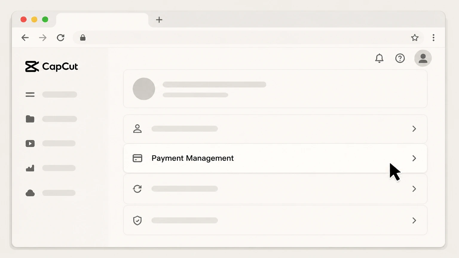 CapCut Pro CapCut Web or PC (CapCut account billing) cancellation: Open Payment Management or Subscriptions