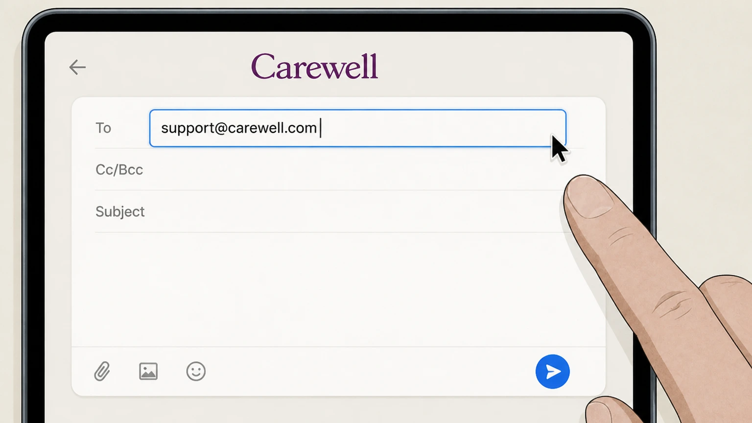 Editorial illustration for Compose an email to support@carewell.com in the Email support cancellation route for Carewell