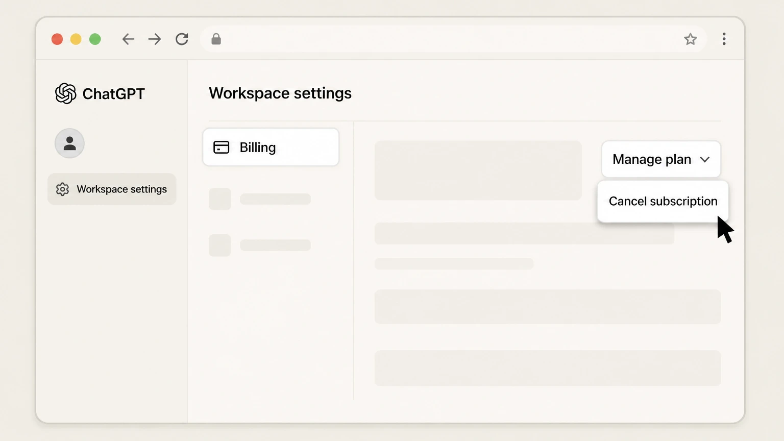 ChatGPT Business cancellation: select Cancel subscription