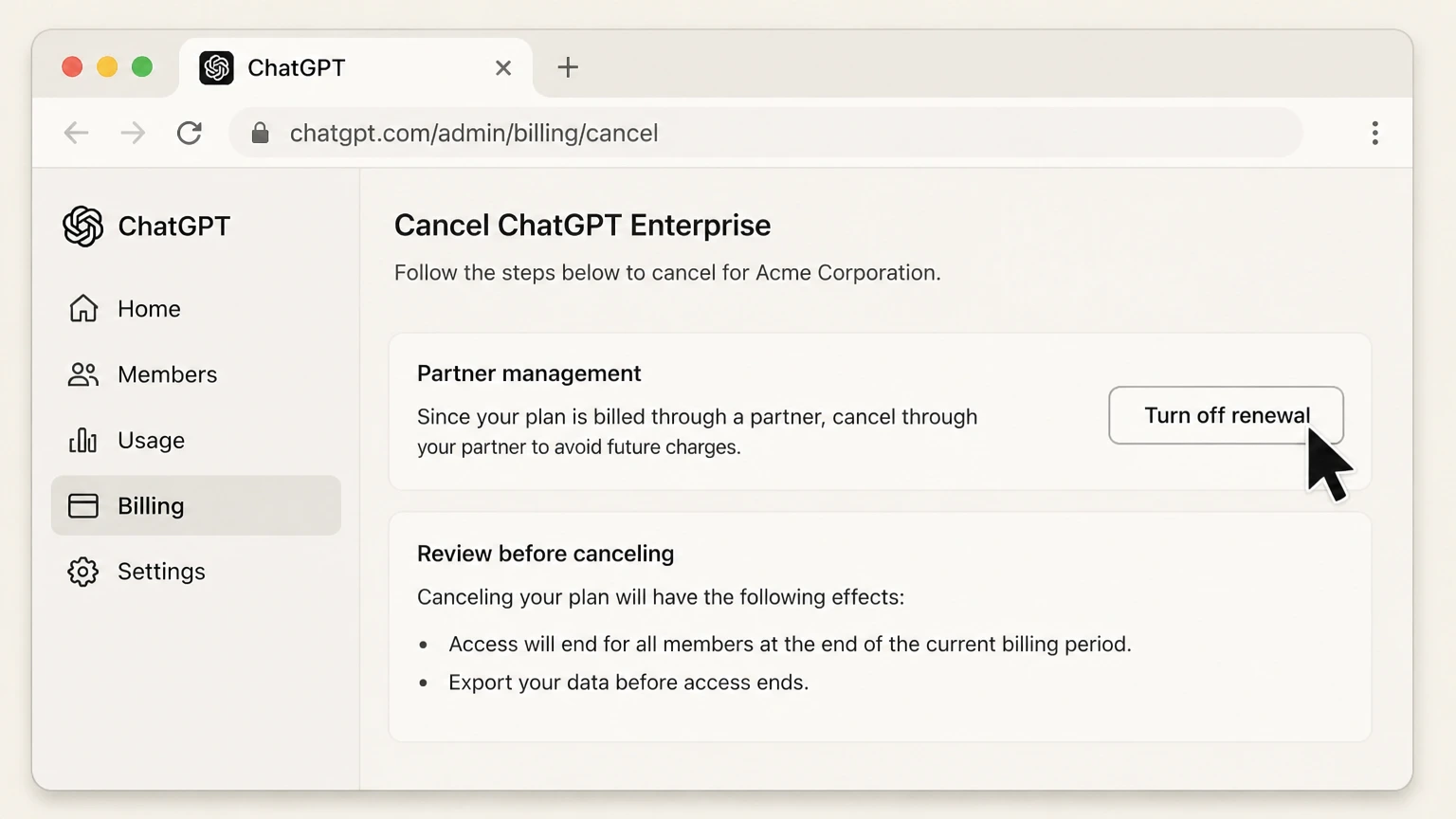 ChatGPT organization cancellation: Turn off renewal